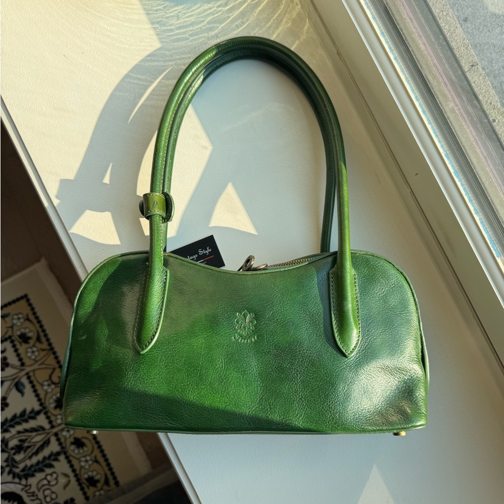 Green Leather Shoulder Satchel with Dual Handles